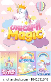 Cute unicorn banner on pastel background color illustration