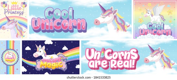 Cute unicorn banner on pastel background color illustration