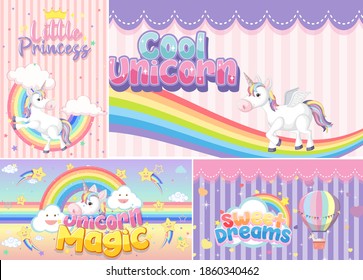 Cute unicorn banner on pastel background color illustration