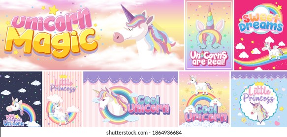 Cute unicorn banner on pastel background color illustration