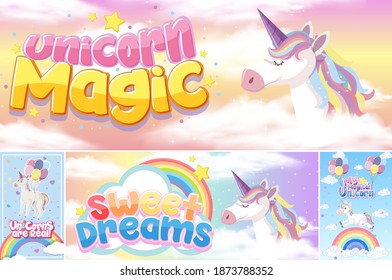 Cute unicorn banner on pastel background color illustration