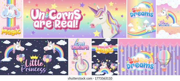 Cute Unicorn Banners On Pastel Background Color Illustration