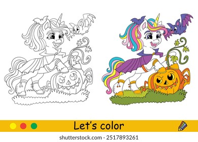 Cute unicorn, bat and scary creepy pumpkin. Halloween concept. Coloring book page for children with colorful template. Vector cartoon illustration. For education, print, game, decor, puzzle,design