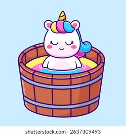 Cute Unicorn Bathing In Rainbow Bathtub Cartoon Vector Icon Illustration. Animal Nature Icon Concept Isolated Premium Vector. Flat Cartoon Style