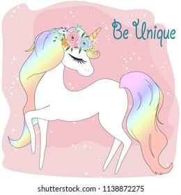 Cute unicorn and Be unique word,illustration vector by freehand doodle comic art