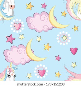 Cute unicorn beauty seamless pattern. cartoon design. Magic unicorn, fairy tale, heart, rainbow, crown, stars