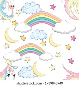 Cute einzigartige Schönheit nahtlose Muster. Cartoon Design. Magisches Einhorn, Märchen, Herz, Regenbogen, Krone, Sterne