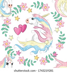 Cute unicorn beauty seamless pattern. cartoon design. Magic unicorn, fairy tale, heart, rainbow, crown, stars