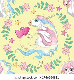 Cute unicorn beauty seamless pattern. cartoon design. Magic unicorn, fairy tale, heart, rainbow, crown, stars