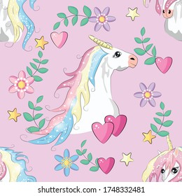Cute unicornio estampado sin costura. diseño de dibujos animados. unicornio mágico, cuento de hadas, corazón, arco iris, corona, estrellas
