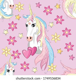 Cute unicorn beauty seamless pattern. cartoon design. Magic unicorn, fairy tale, heart, rainbow, crown, stars