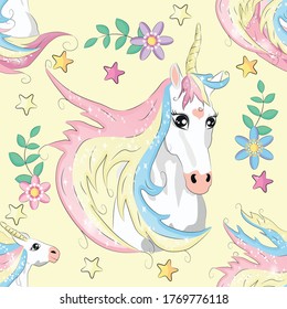 Cute unicorn beauty seamless pattern. cartoon design. Magic unicorn, fairy tale, heart, rainbow, crown, stars