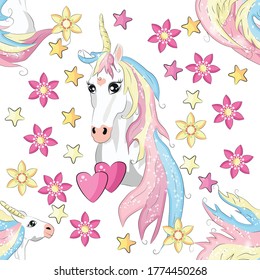 Cute unicorn beauty seamless pattern. cartoon design. Magic unicorn, fairy tale, heart, rainbow, crown, stars