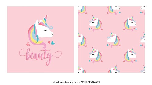 Cute unicorn with beauty text and drawing seamless unicorn pattern repeating texture background print design for fabrics, wallpapers etc.