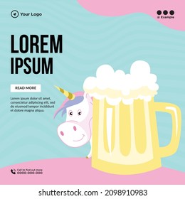 Cute unicorn is behind the beer mug. Banner design template of unicorn.