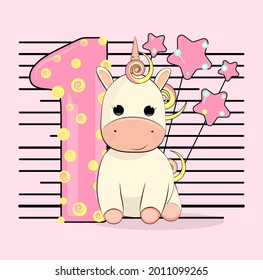 Cute unicorn with big numeral one. Girl birthday postcard without text . Cute magic unicorn. Happy birthday or invitation card.
