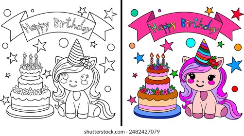 Cute unicorn with birthday cake. Coloring book.Vector illustration.