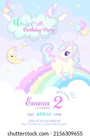 Cute unicorn Birthday card invitation template.  Vector illustration for kids. Rainbow and magical night sky.