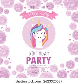 Cute unicorn birthday invitation template with roses. Vector design perfect for magical kids' party, baby shower or celebration. Editable and ideal for print or digital use