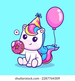 Cute Unicorn Birthday Party With Balloon And Donut Cartoon Vector Icon Illustration. Animal Holiday Icon Concept Isolated Premium Vector. Flat Cartoon Style