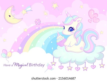 Cute unicorn Birthday party invitation card design. Vector illustration of Magical Birthday for kids.