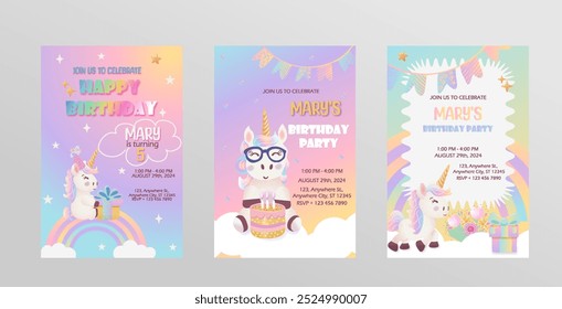 Cute unicorn birthday party invitation card. Vector set