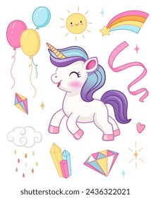 Cute unicorn birthday party vector illustration. Greeting card, poster, print, t-shirt design for kids,party concept, children books, prints,wallpapers.