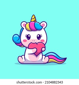 Cute Unicorn Bite Love Cartoon Vector Icon Illustration. Animal Nature Icon Concept Isolated Premium Vector. Flat Cartoon Style