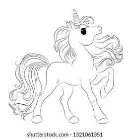 Cute unicorn. Black and white line illustration for coloring book. Vector
