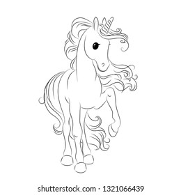 Cute unicorn. Black and white line illustration for coloring book. Vector