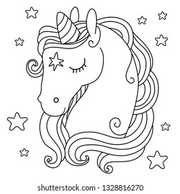 Cute unicorn. Black and white line illustration for coloring book. Vector