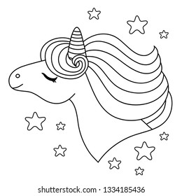 Cute unicorn. Black and white line illustration for coloring book. Vector