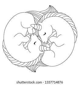 Cute unicorn. Black and white line illustration for coloring book. Vector
