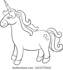 Cute unicorn black and white vector line art