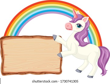 Cute unicorn with blank banner sign on white background illustration
