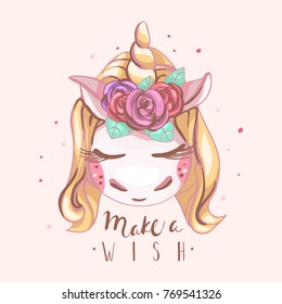 Cute unicorn with blond hair and golden horn with beautiful roses flowers closed eyes (dreaming, sleeping) with Make a Wish lettering. Kids, nursery print, poster