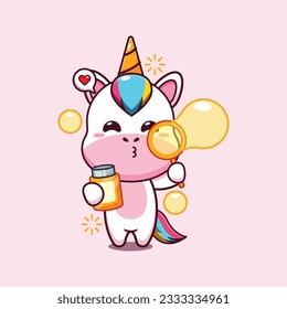 cute unicorn blowing bubbles cartoon vector illustration.