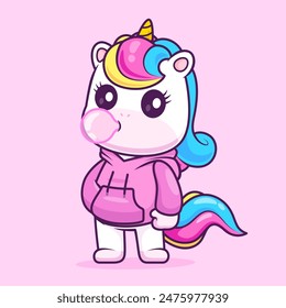 Cute Unicorn Blowing Gum With Hoodie Cartoon Vector Icon Illustration. Animal Fashion Icon Concept Isolated Premium Vector. Flat Cartoon Style