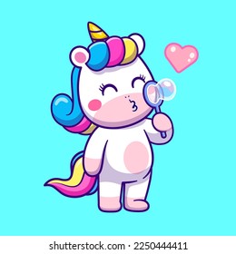 Cute Unicorn Blowing Love Heart Bubble Cartoon Vector Icon Illustration. Animal Nature Icon Concept Isolated Premium Vector. Flat Cartoon Style