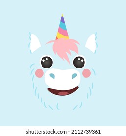 Caricatura de la cabeza de la sonrisa cuadrada del retrato azul de Unicornio forma redonda de cara animal, imagen aislada del icono del vector mágico avatar. Póster plano de mano simple para niños, tarjetas, camisetas, ropa de bebé