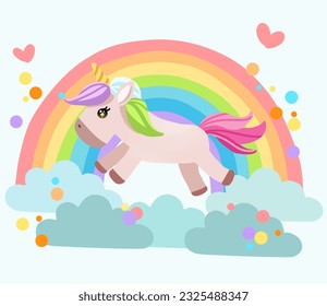süßes Einhorn am blauen Himmel mit Regenbogenpastellfarben.
