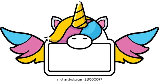 cartón unicornio lindo con alas y diseño de ilustraciones vectoriales arco iris