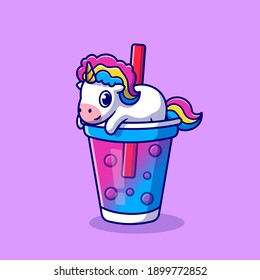 Cute Unicorn Boba Milk Tea Cartoon Vector Icon Illustration. Animal Drink Icon Concept Isolated Premium Vector. Flat Cartoon Style