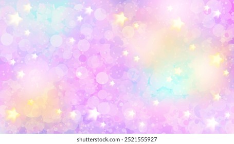 Lindo fondo de bokeh de unicornio. Lindo Fondo de pantalla femenino o infantil. Ilustración vectorial de archivo en estilo de dibujos animados.