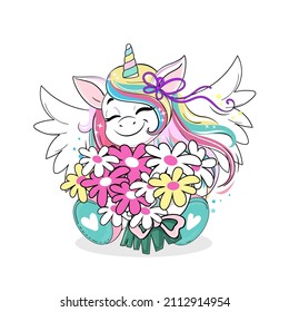 Cute unicorn with a bouquet of flowers on a white isolated background. Birthday card. Vector cartoon illustration