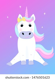 Cute unicorn with a bow cartoon character