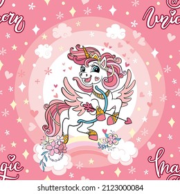 Cute unicorn with bow and hearts seamless pattern on pink background. Vector illustration for print, wallpaper, design, decor, goods, bed linen and apparel
