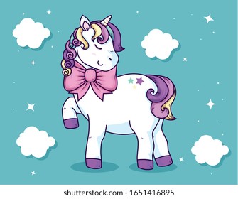 cute unicorn with bow ribbon and clouds decoration vector illustration design