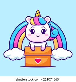 Cute Unicorn In Box With Rainbow Cartoon Vector Icon Illustration. Animal Nature Icon Concept Isolated Premium Vector. Flat Cartoon Style