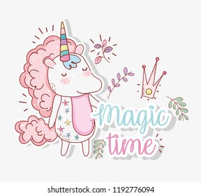 cute unicorn with branches leaves and crown